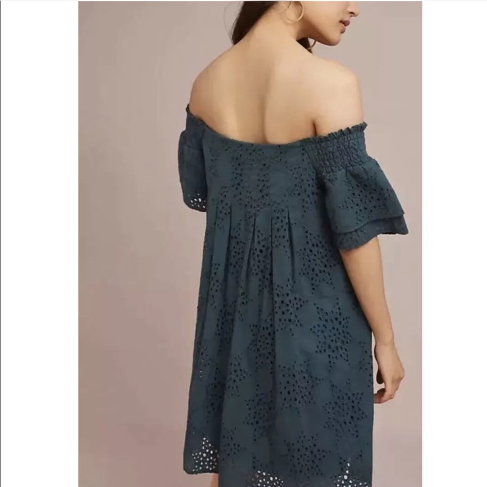 J.O.A. Green Teal Eyelet Off The Shoulder Mini Dress G-20 - Picture 2 of 12